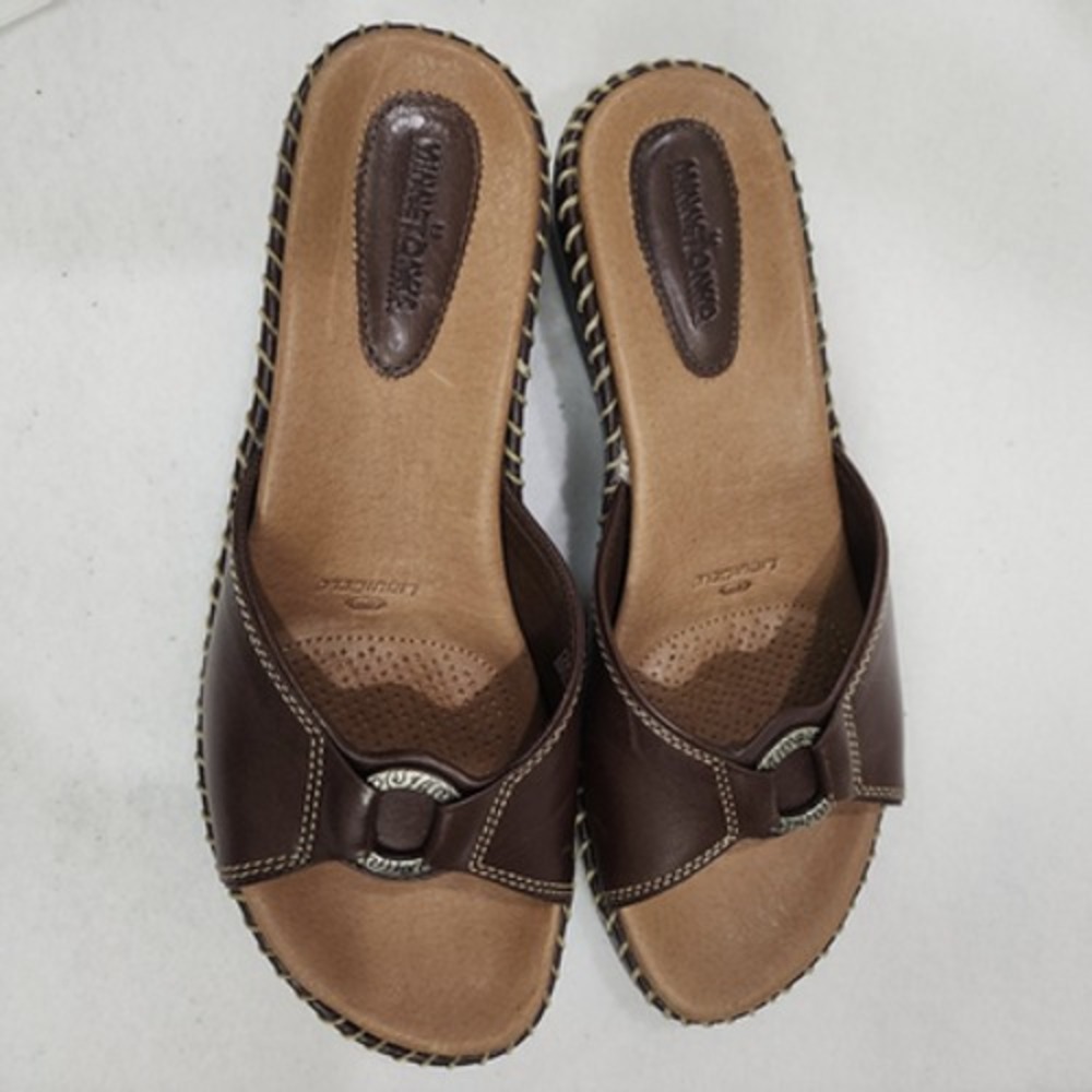 Minnetonka Womens Us 8 Slide Brown Leather Comfort Slip On Wedge Heel Sandals